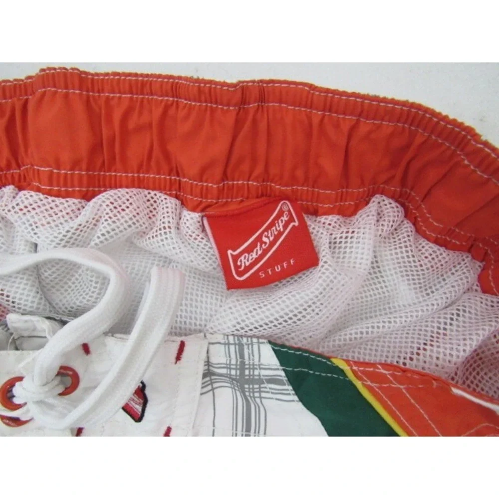 Red Stripe Board Swim Shorts Mens Size M 32-3436 White Orange Trunks Plaid